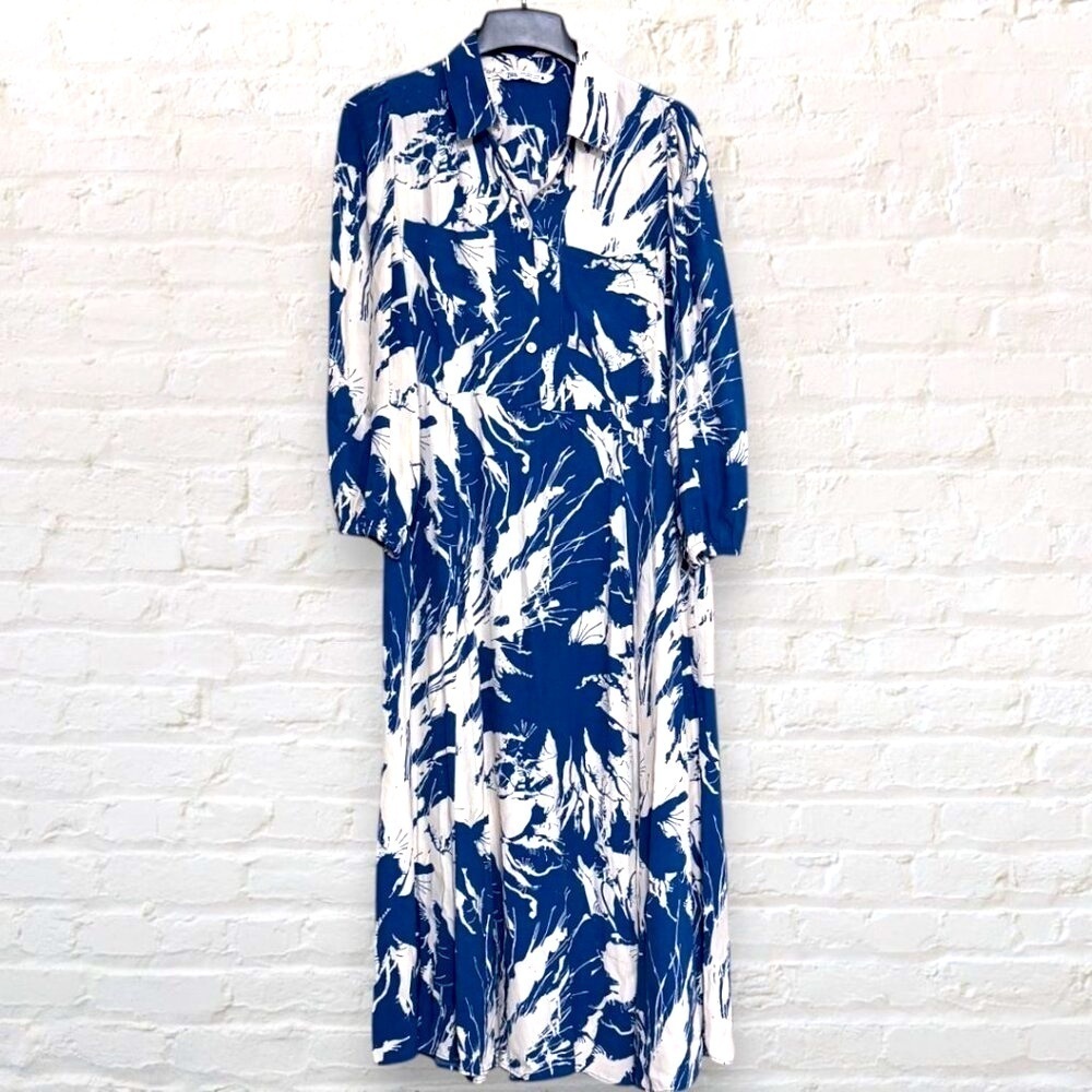 ZARA The Emilie Blue White Long Sleeve Bishop Collar Printed Button Midi Dress M